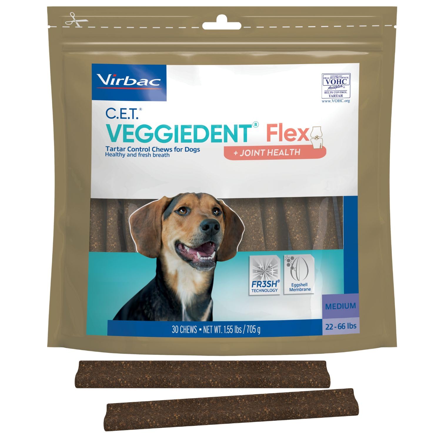 Virbac Veggiedent imagen frontal del paquete mostrando la marca y beneficios