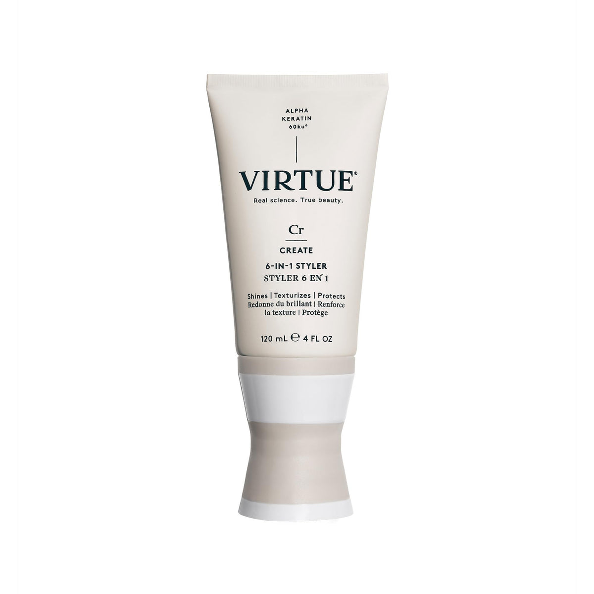 VIRTUE frasco frontal mostrando tamaño y etiqueta para identificación rápida