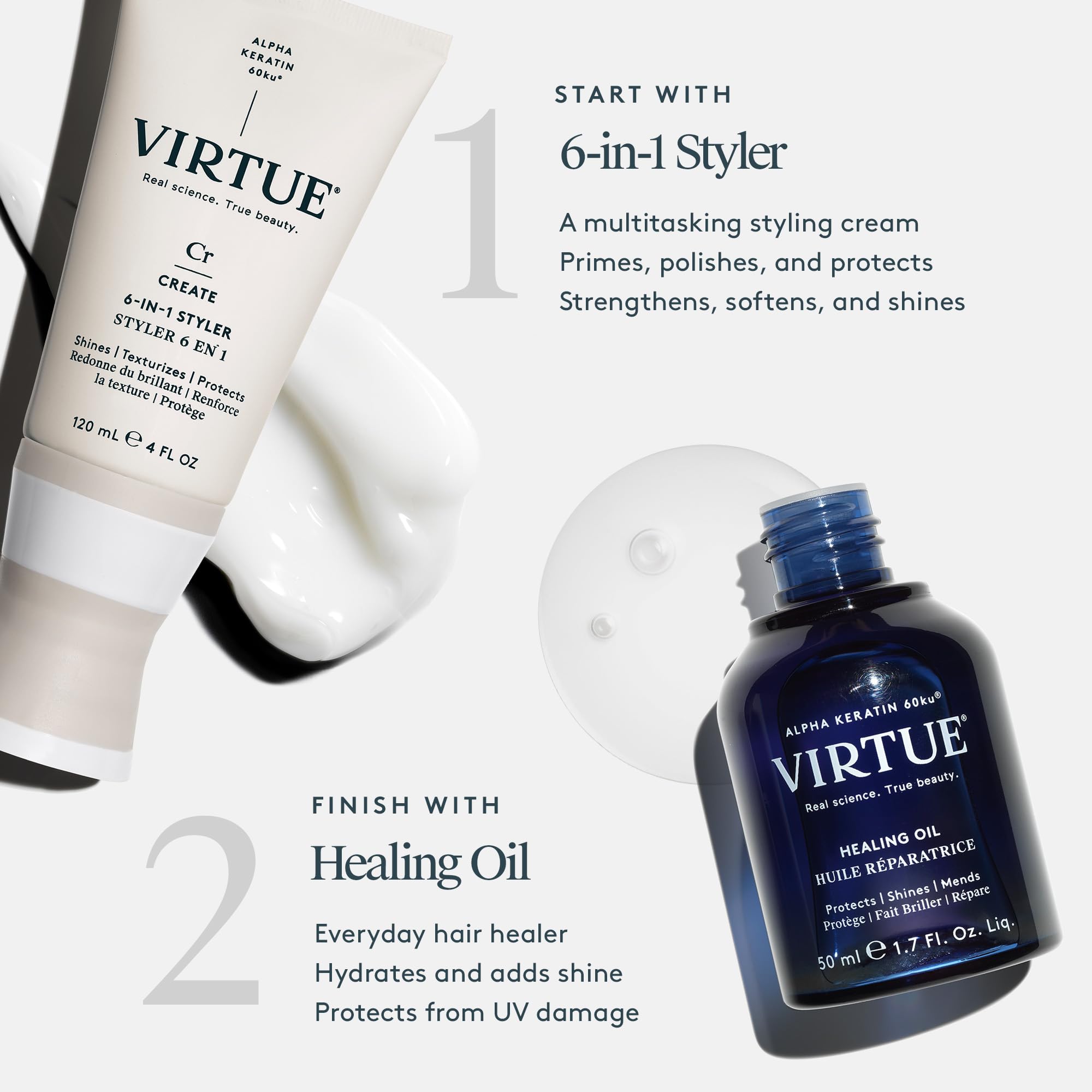 VIRTUE detalle del rótulo con Alpha Keratin 60ku y beneficios visibles