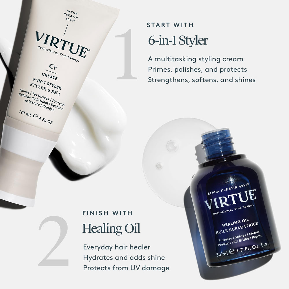 VIRTUE detalle del rótulo con Alpha Keratin 60ku y beneficios visibles