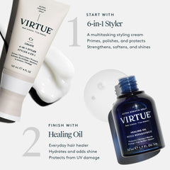 VIRTUE detalle del rótulo con Alpha Keratin 60ku y beneficios visibles