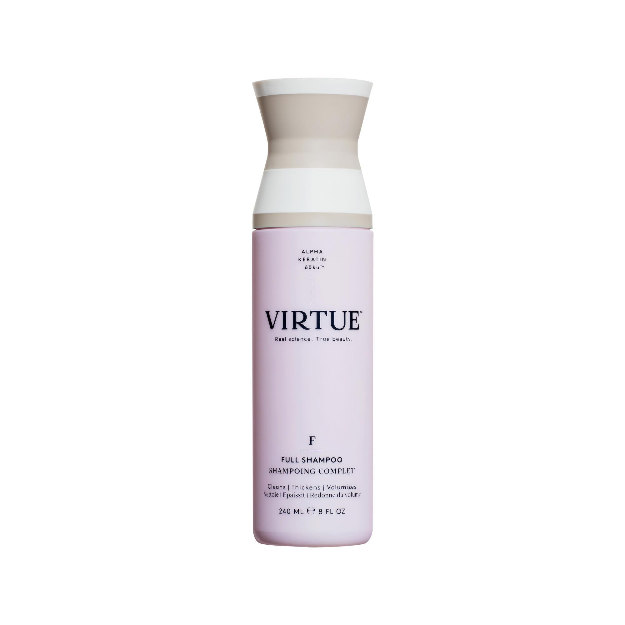 VIRTUE champú frontal mostrando envase y logo para identificación rápida