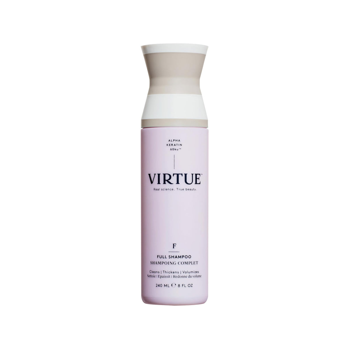 VIRTUE champú frontal mostrando envase y logo para identificación rápida