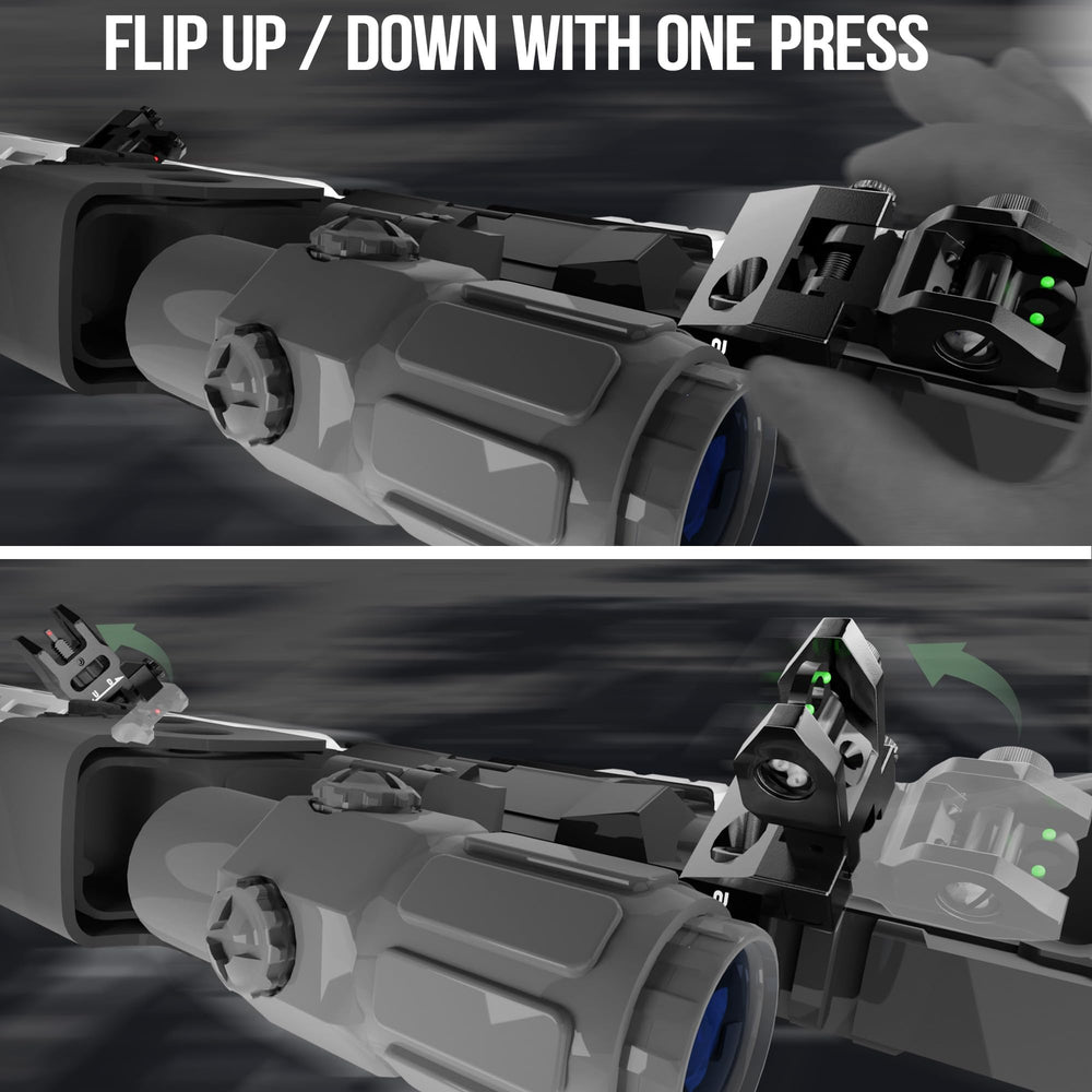 Visiofire miras desplegadas en rifle mostrando transición rápida y ergonomía