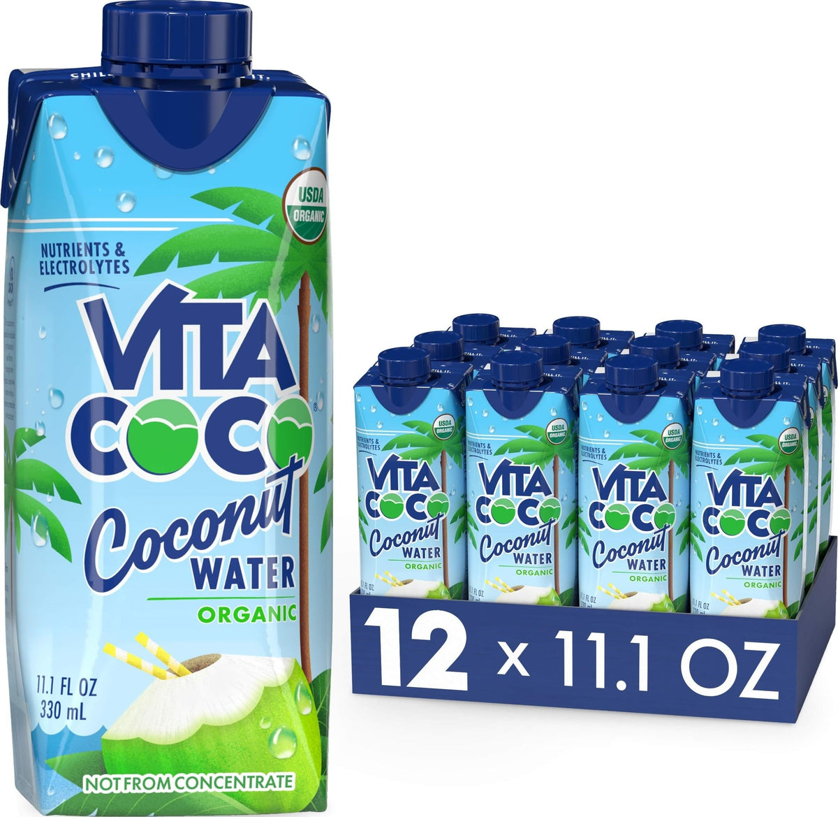 Vita Coco organic front packaging showing 11.1 oz carton and brand clarity