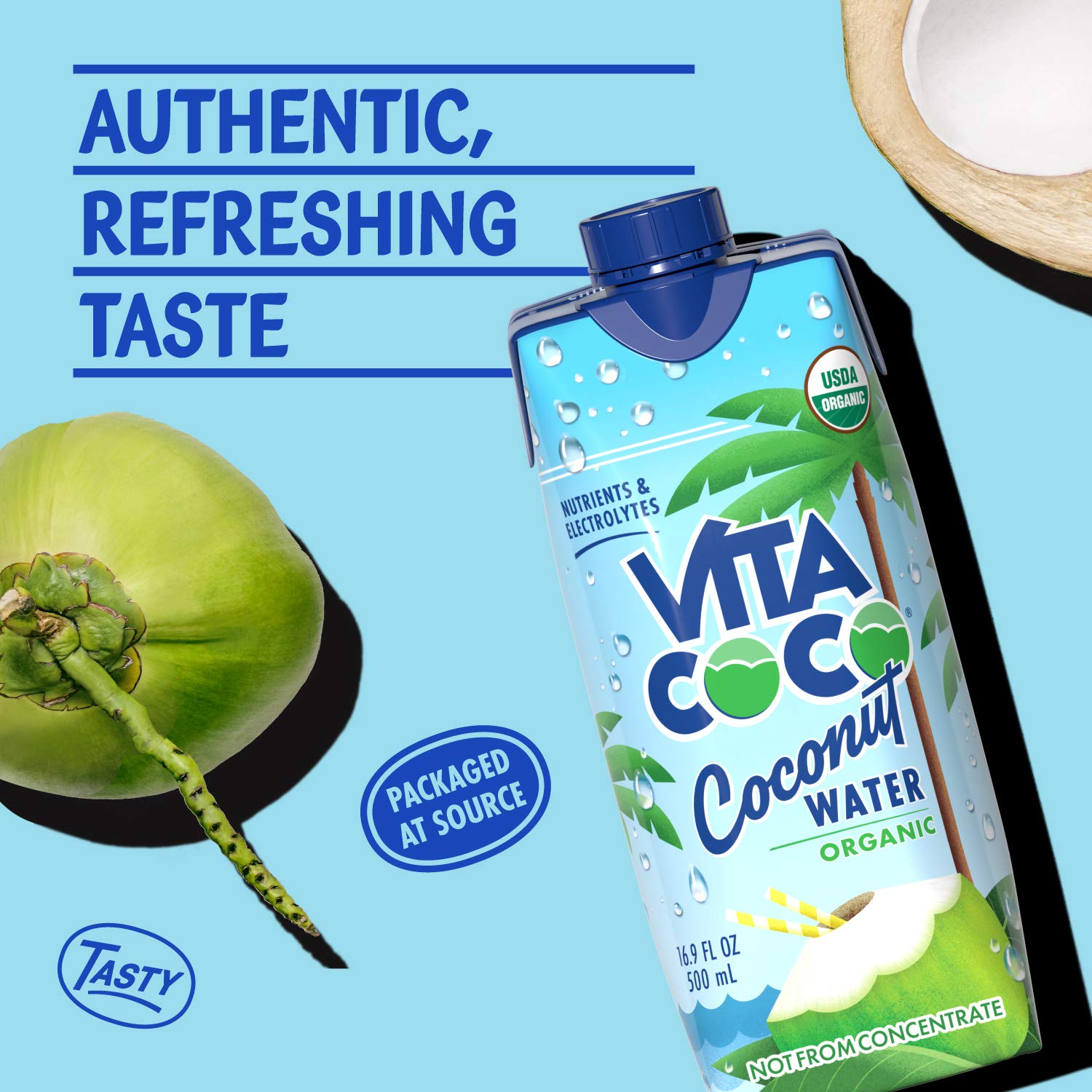 Vita Coco pouring coconut water into a glass showing clear hydrating refreshment