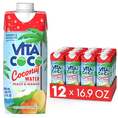 Vita Coco frente del paquete mostrando diseño y sabor durazno y mango, atractivo visual