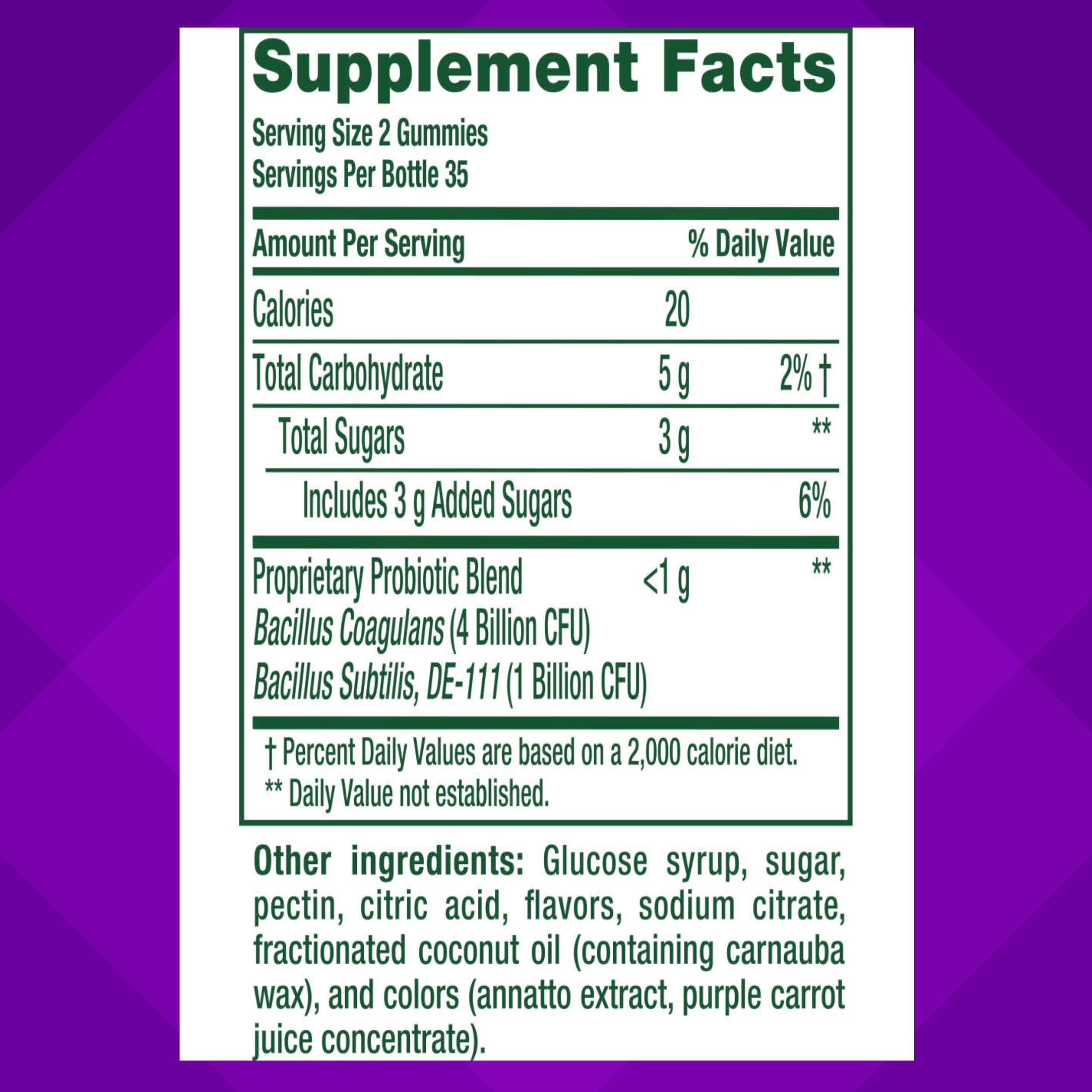 vitafusion ingredient label close-up showing probiotic strains and clean formula