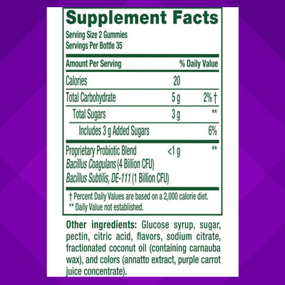 vitafusion ingredient label close-up showing probiotic strains and clean formula