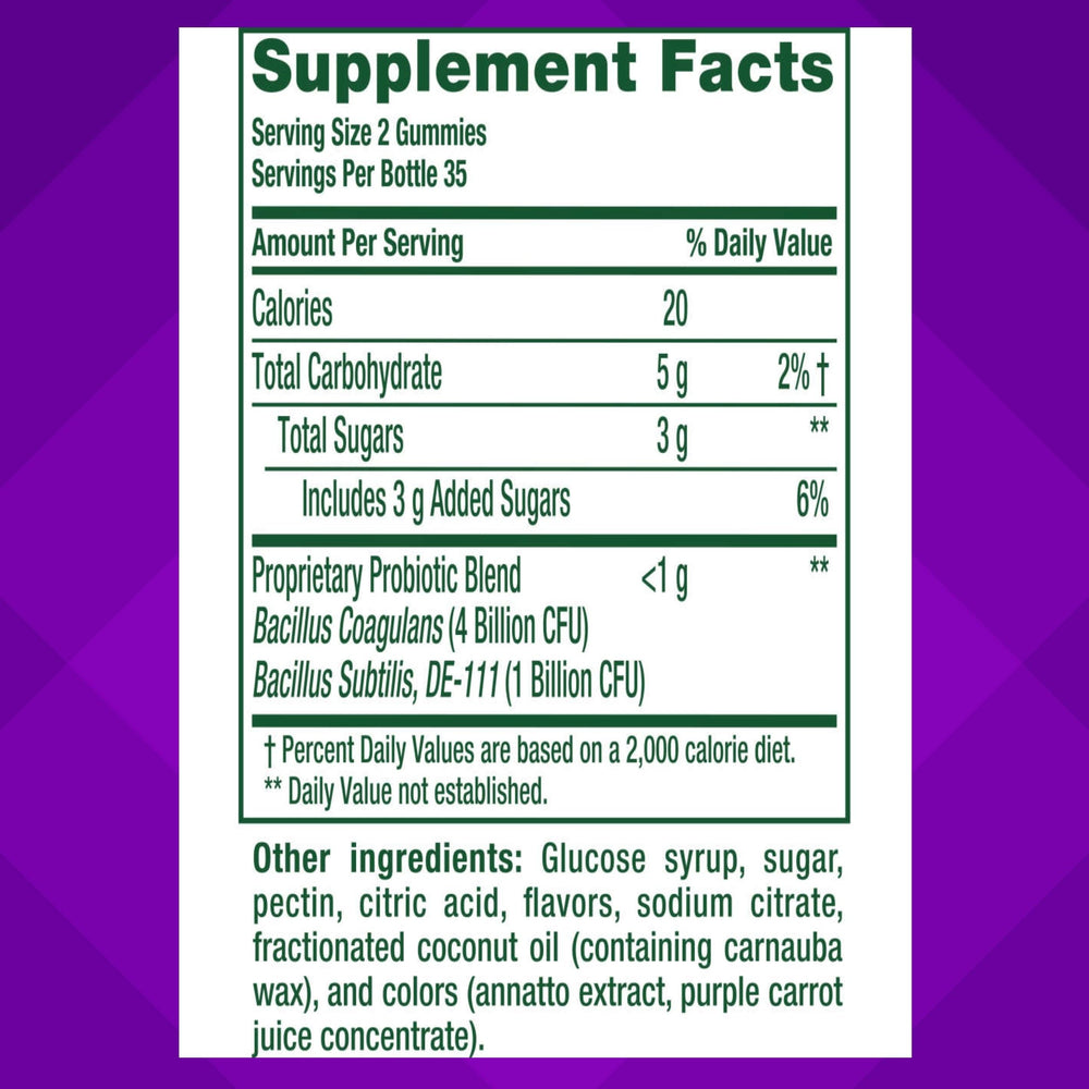 vitafusion ingredient label close-up showing probiotic strains and clean formula