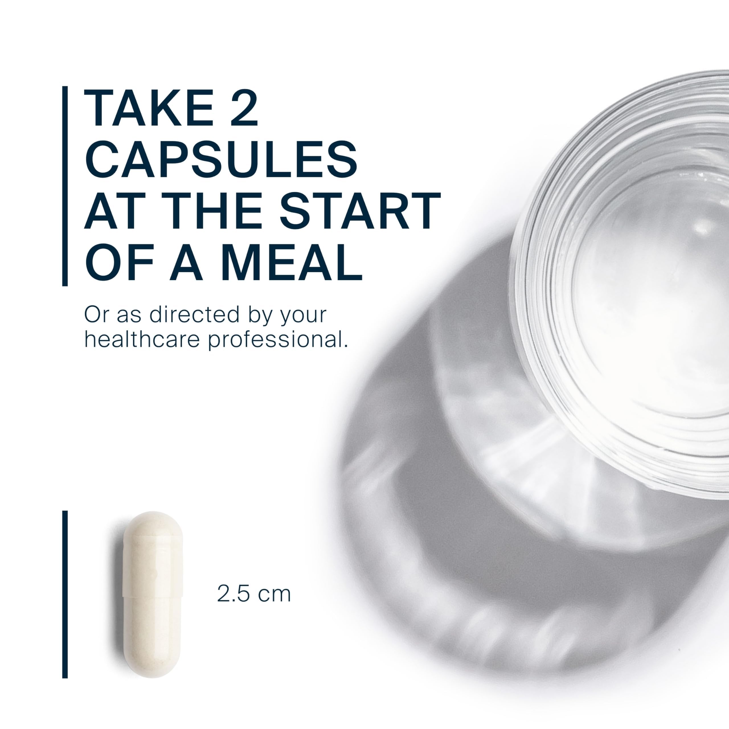 Vital Nutrients cápsula junto a plato para ilustrar uso con las comidas