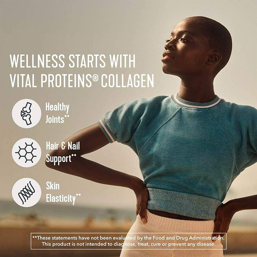 Caja abierta con 20 sobres Vital Proteins en una cocina, listo para llevar