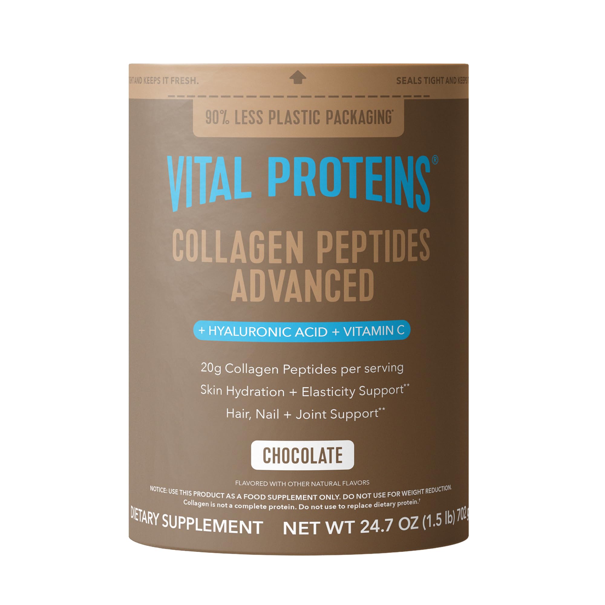 Vital Proteins envase frontal mostrando sabor chocolate y facilidad de uso