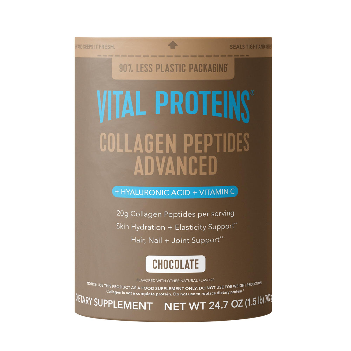 Vital Proteins envase frontal mostrando sabor chocolate y facilidad de uso
