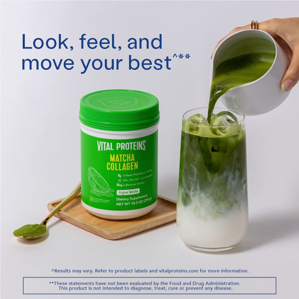 Vital Proteins matcha japonés en grano y polvo indicando alta concentración antioxidante