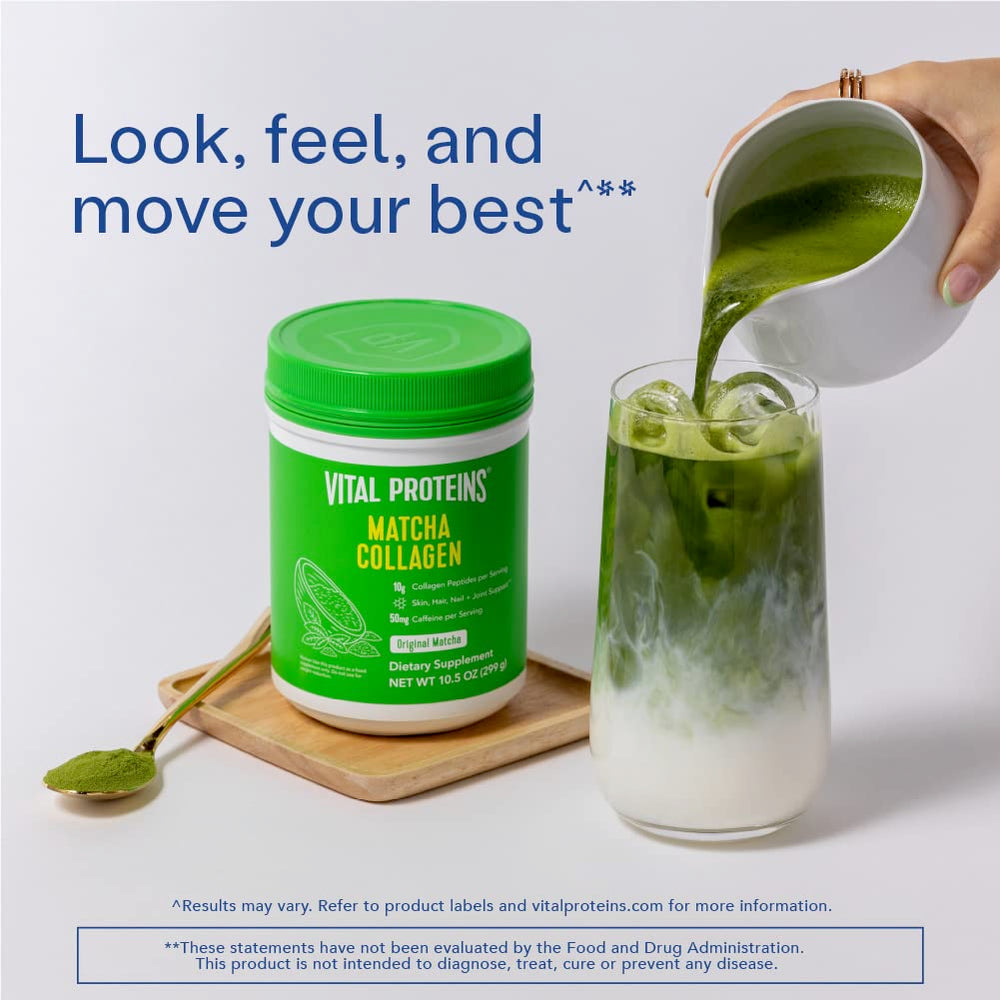Vital Proteins matcha japonés en grano y polvo indicando alta concentración antioxidante