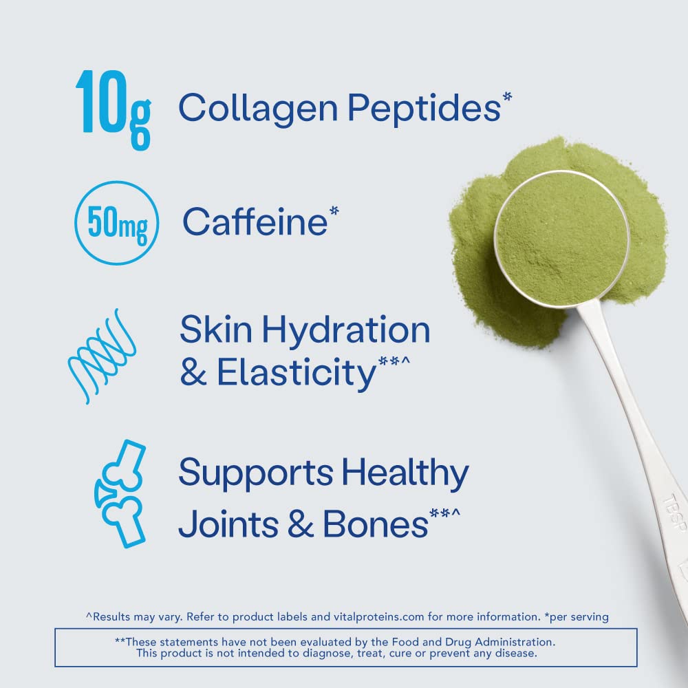 Vital Proteins polvo de matcha-collagen al detalle, fácil disolución visible