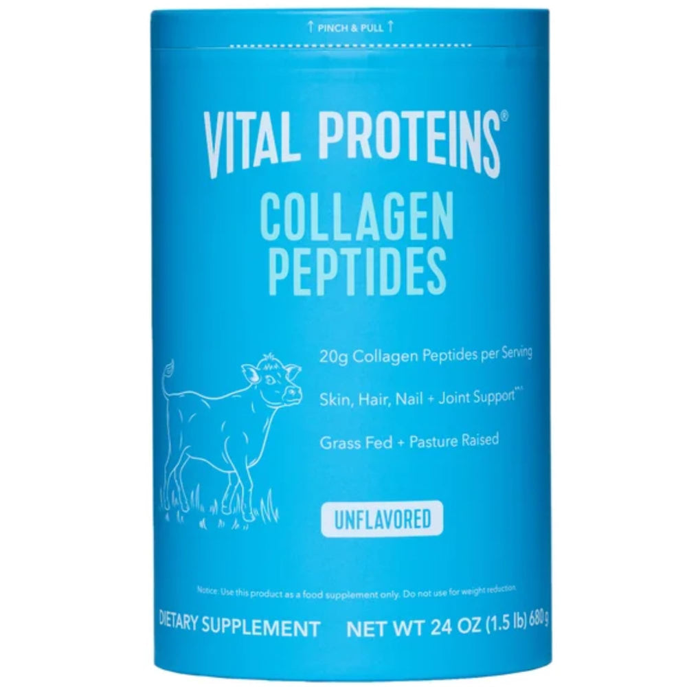 Vital Proteins frontal del envase mostrando etiqueta clara y práctico envase