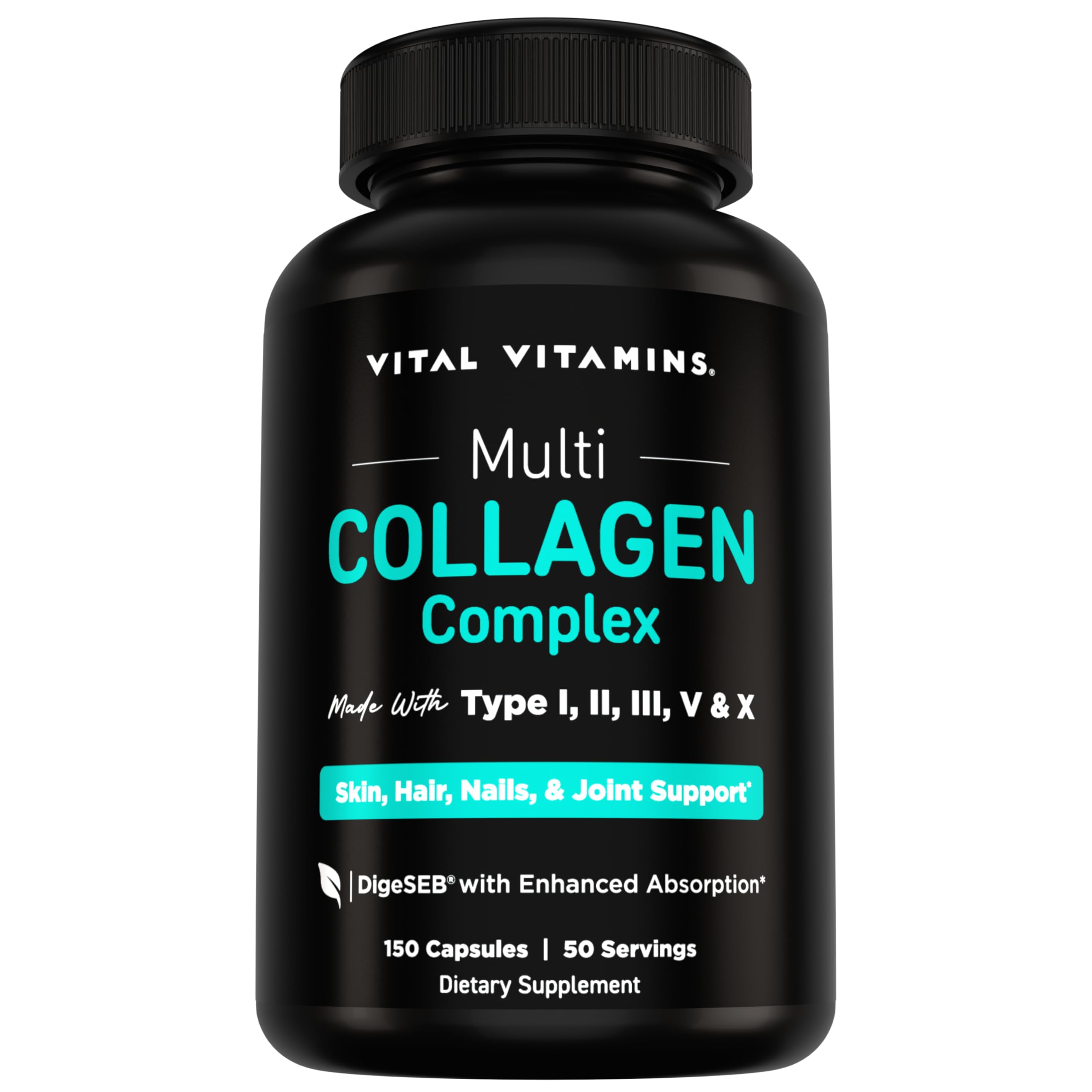 Vital Vitamins bote frontal mostrando 150 cápsulas y conveniencia diaria