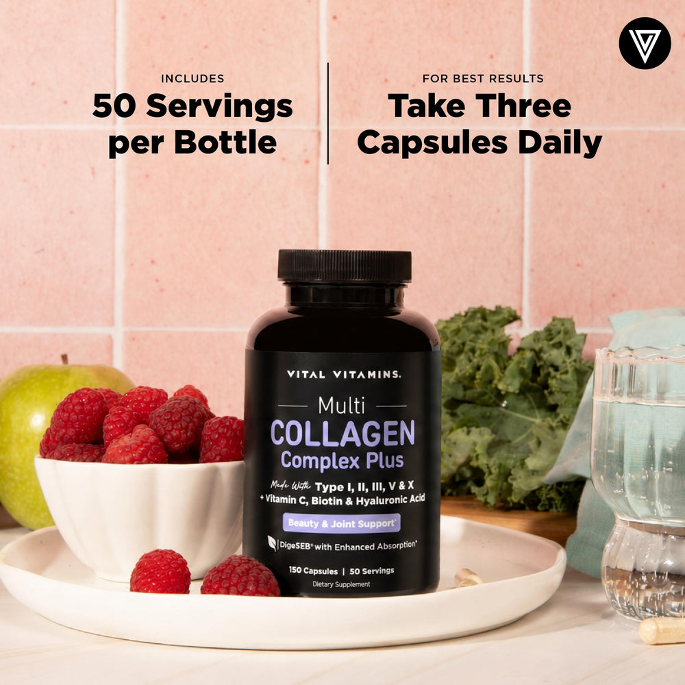 Vital Vitamins bottle in a wellness setting suggesting beauty and mobility support