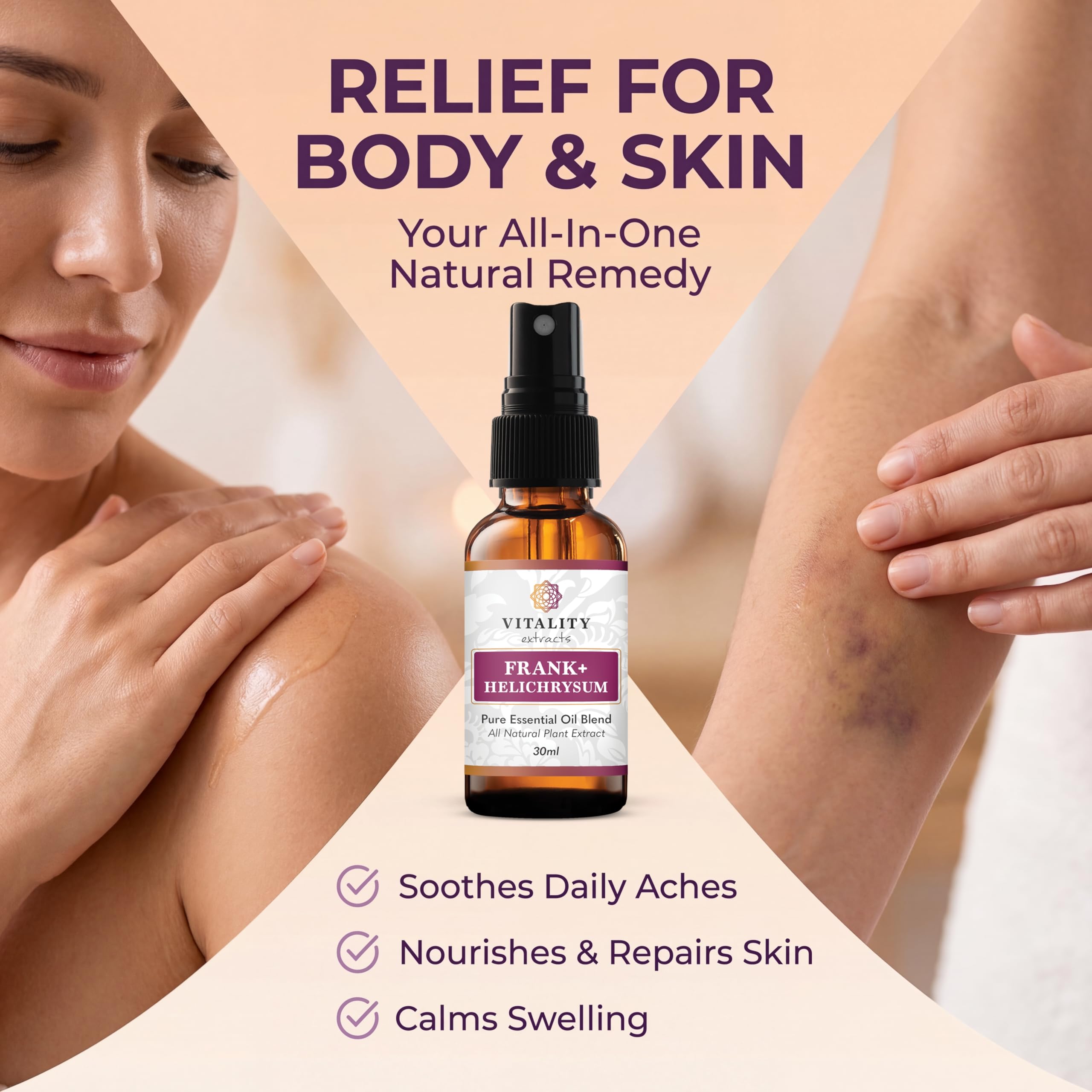 Vitality una gota del spray sobre piel demostrando absorción suave
