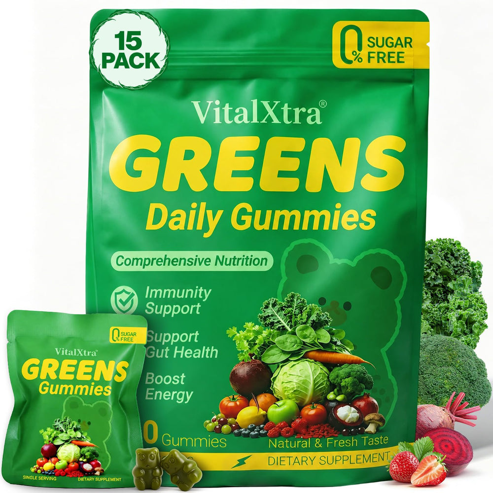 VitalXtra empaque frontal de gummies Greens muestra 120 unidades y beneficios