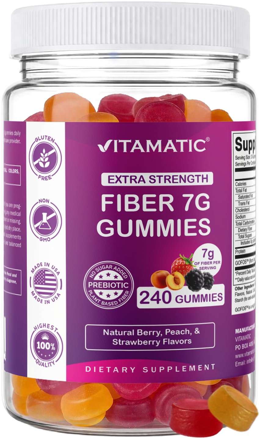 Vitamatic frasco frontal mostrando 240 gomitas y enfoque producto