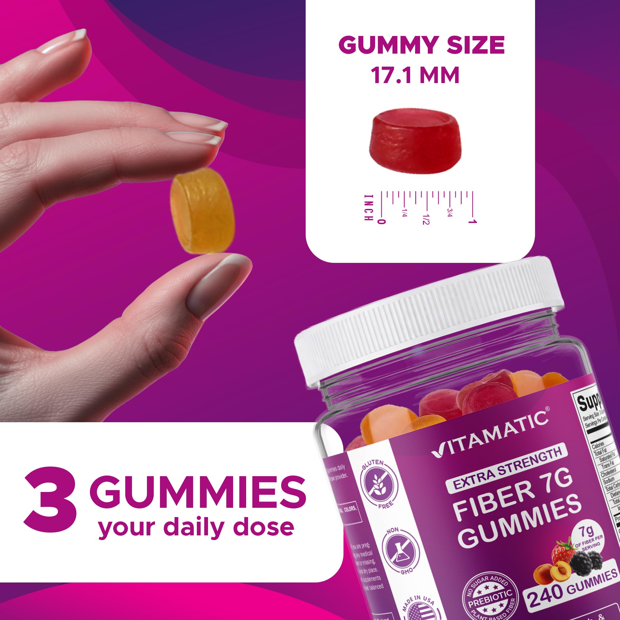 Vitamatic gomitas en mano ilustrando uso diario conveniente