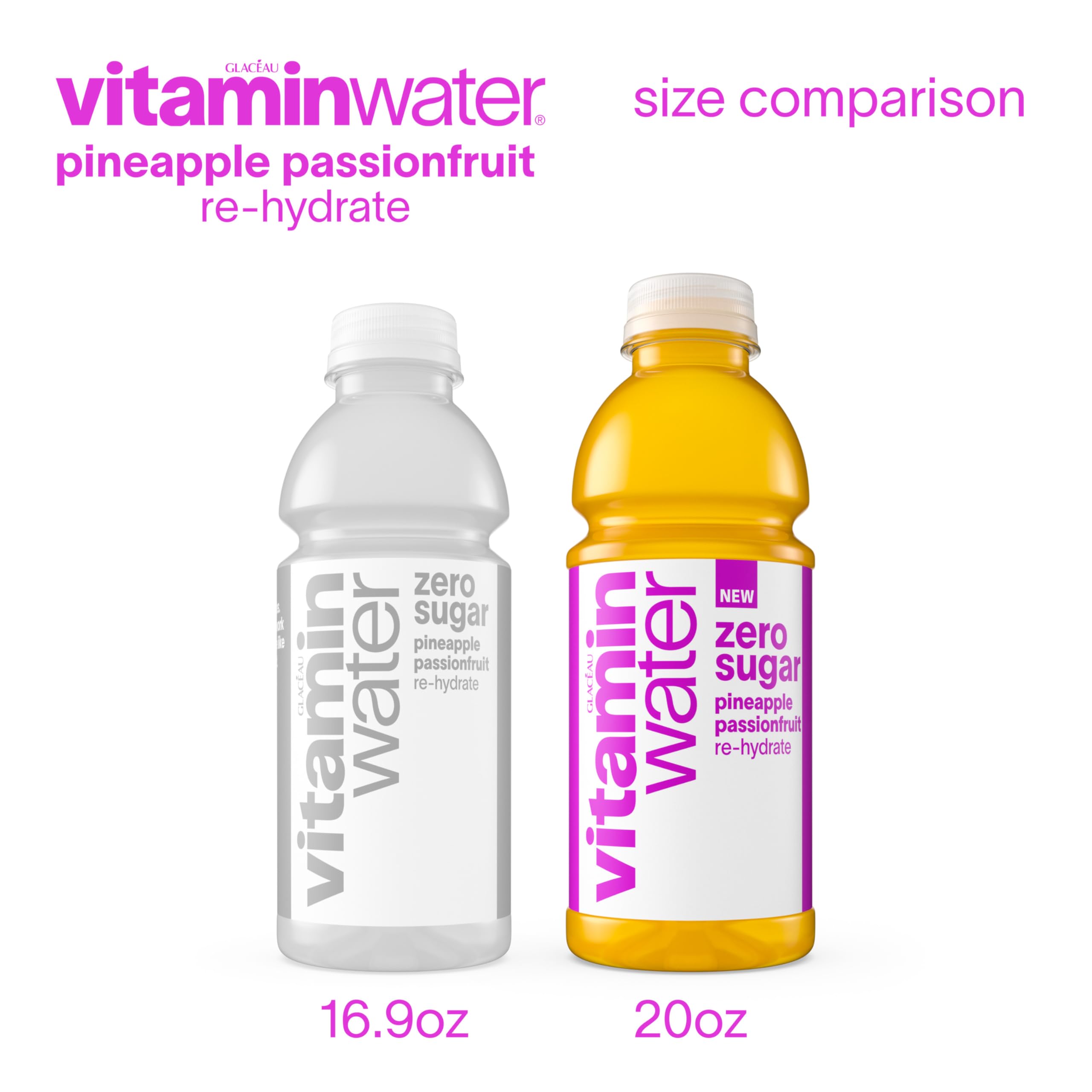 vitaminwater comparación de tamaño de botella junto a una mano