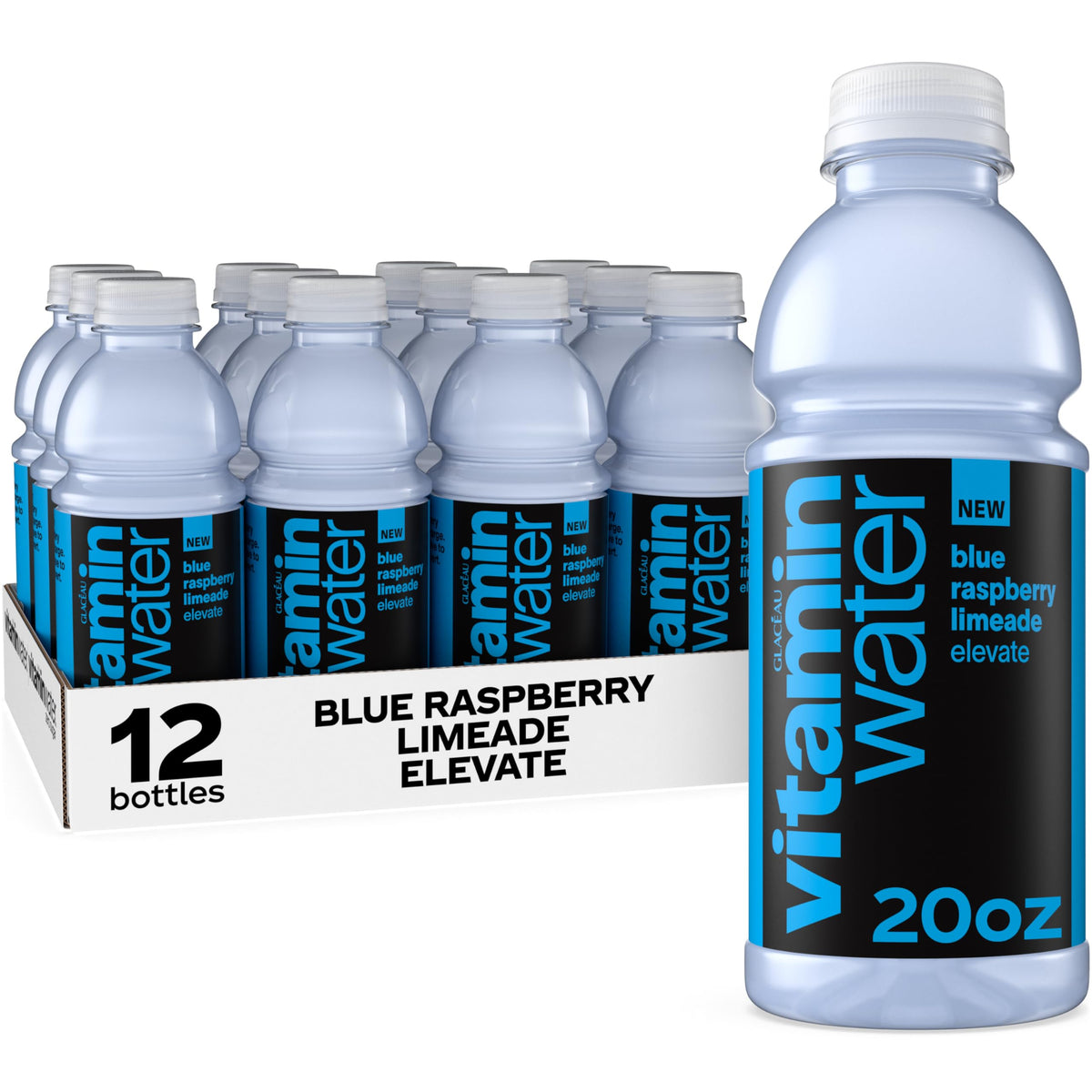 vitaminwater botella frontal 20 oz mostrando diseño y sabor blue raspberry limeade