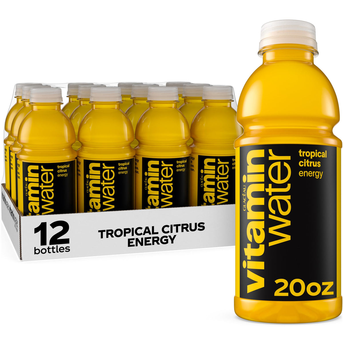 vitaminwater botella frontal tropical citrus mostrando etiqueta y atractivo visual
