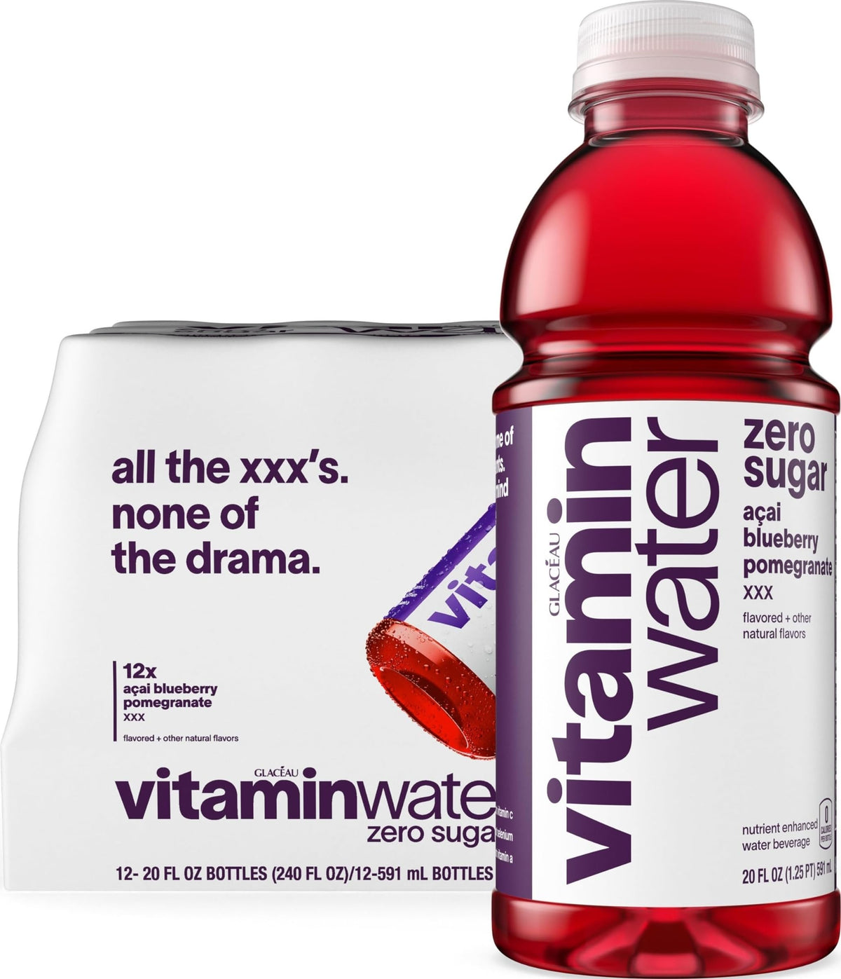 vitaminwater botella frontal mostrando sabor açai blueberry pomegranate y beneficios