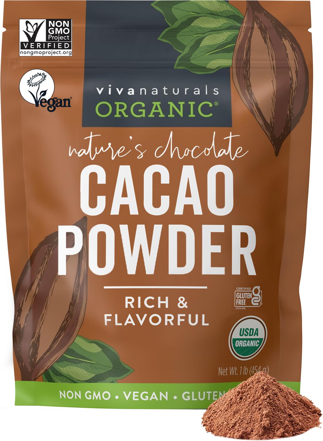 Viva Naturals paquete frontal de cacao mostrando tamaño y marca
