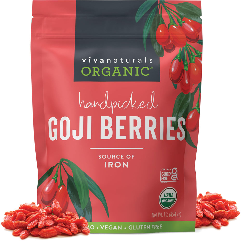 Viva Naturals paquete frontal de bayas de goji mostrando tamaño y marca