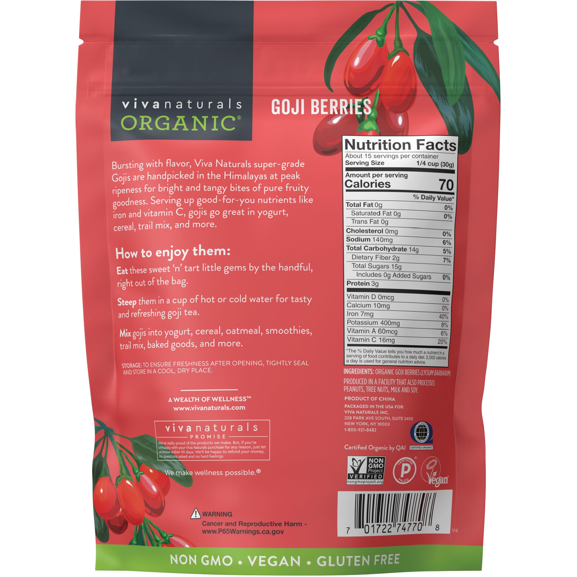 Viva Naturals close-up textura de bayas de goji seca, masticable y colorida