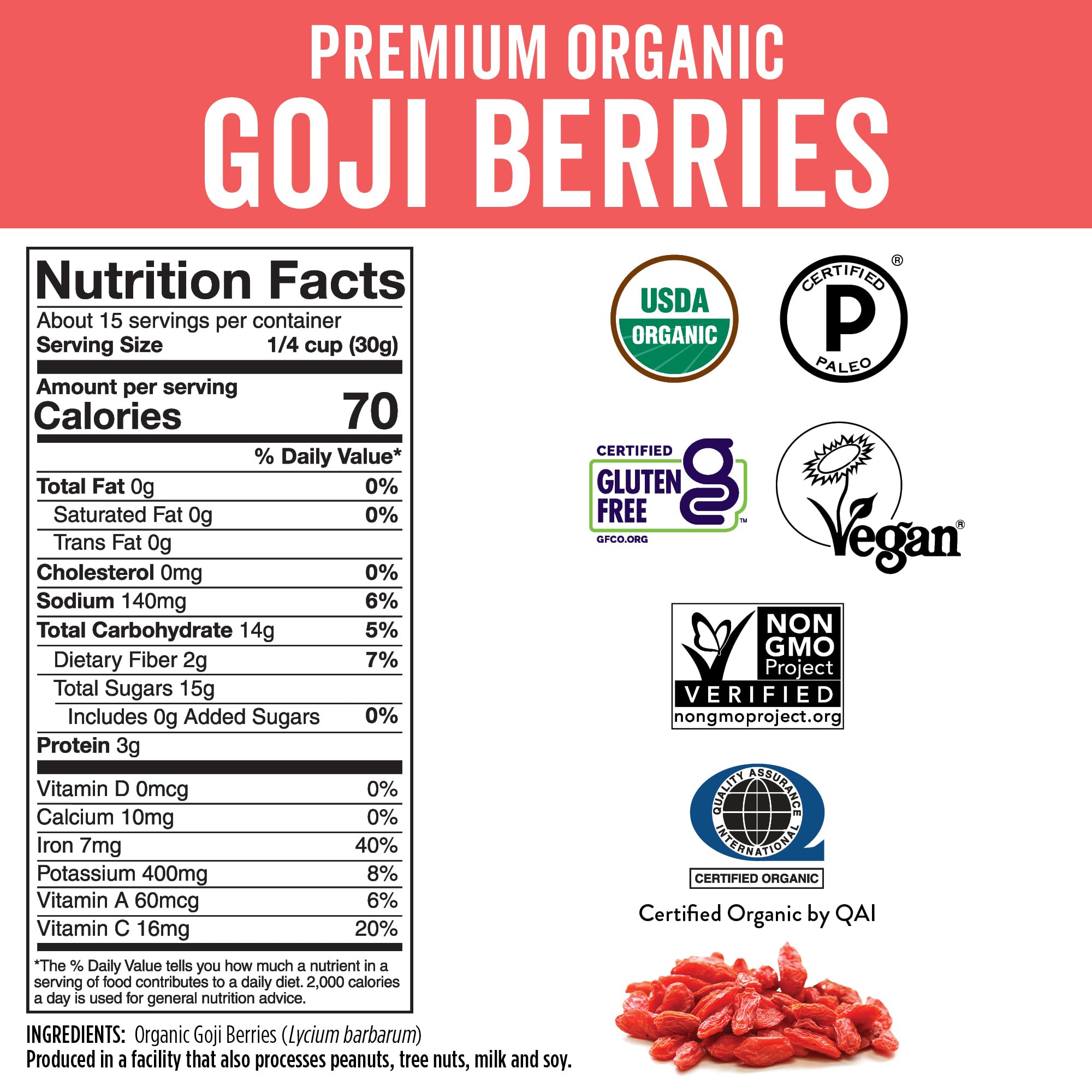 Viva Naturals bayas de goji sobre ensalada en mesa, mejora visual y sabor