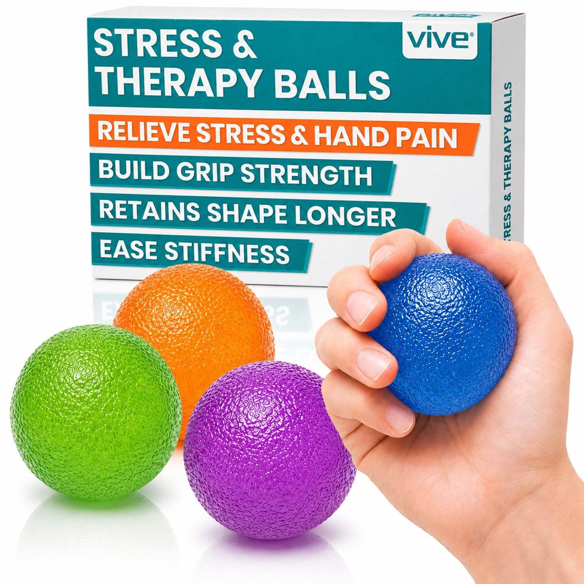 Vive pelotas frontal mostrando set y colores para ejercicio y rehabilitación