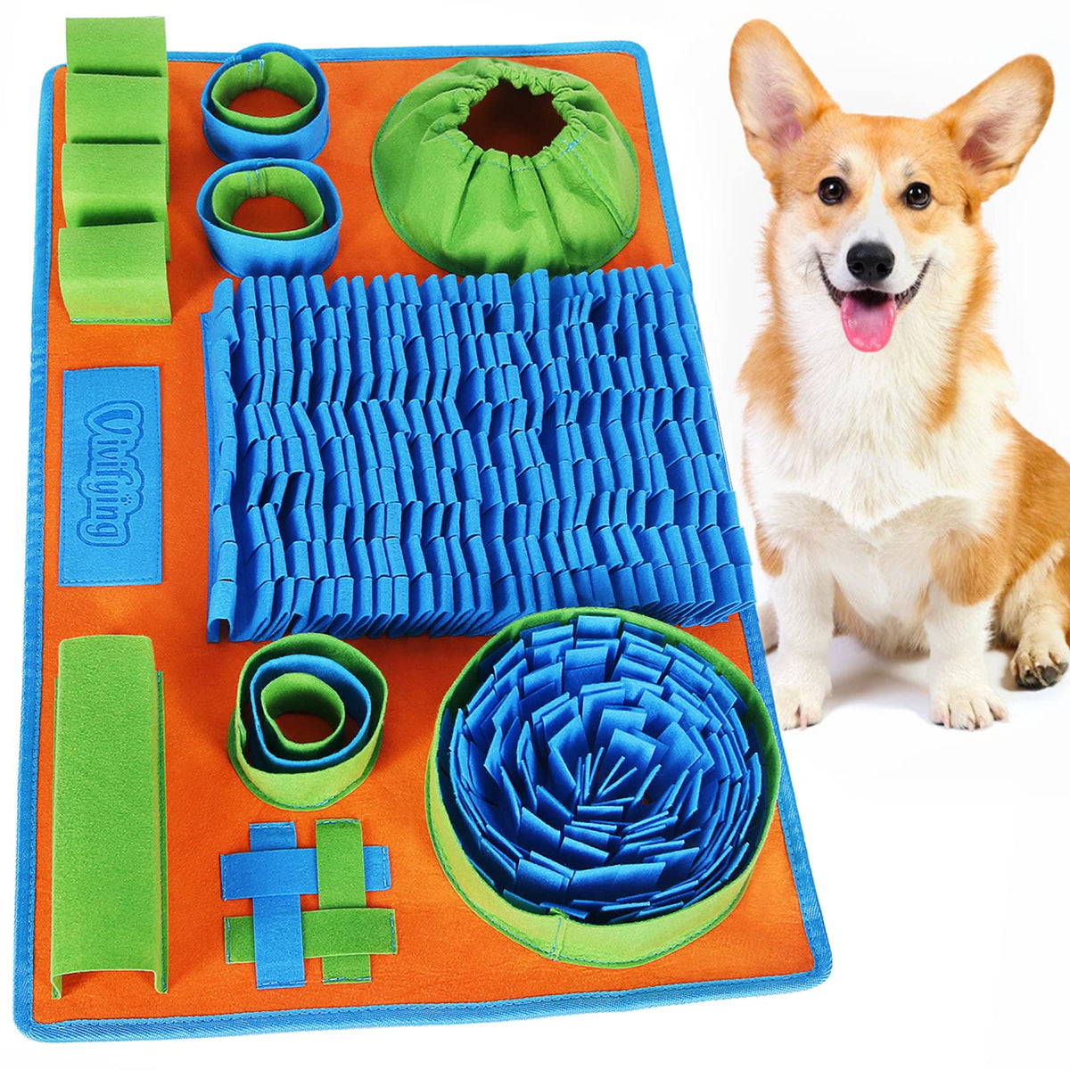 Vivifying alfombra snuffle vista frontal mostrando pliegues y colores, estimula olfato