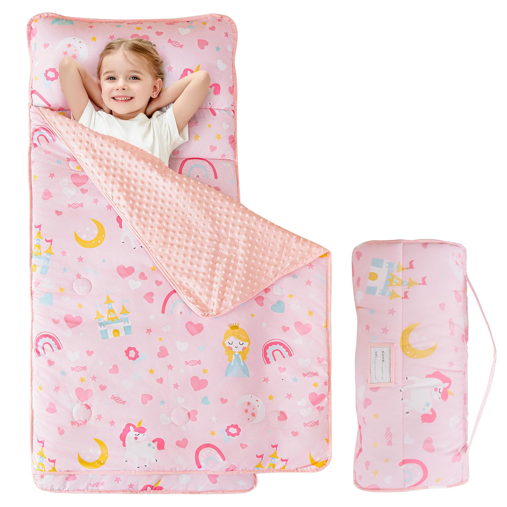 Viviland front view of pink princess nap mat showing pattern and benefits