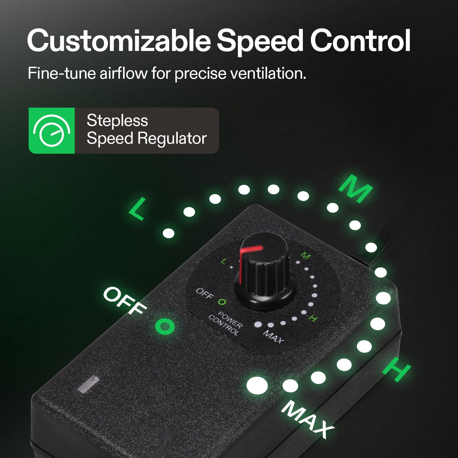 VIVOSUN stepless speed controller closeup showing precise airflow control benefit