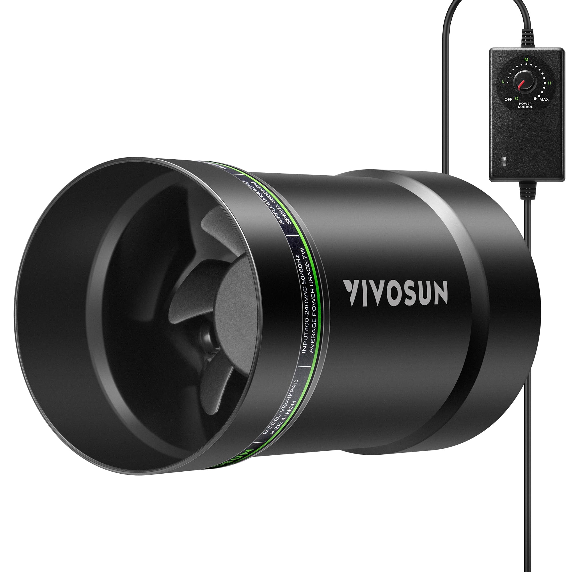 VIVOSUN 4" inline fan front view showing compact design and ventilation benefit