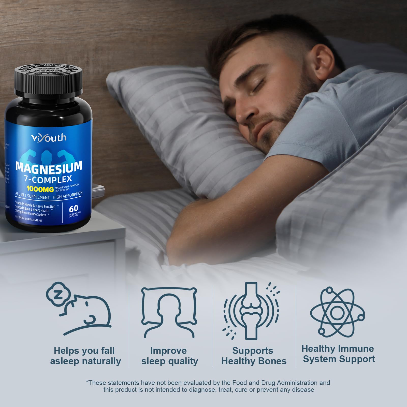VIYOUTH suplemento al lado de almohada simbolizando apoyo nocturno
