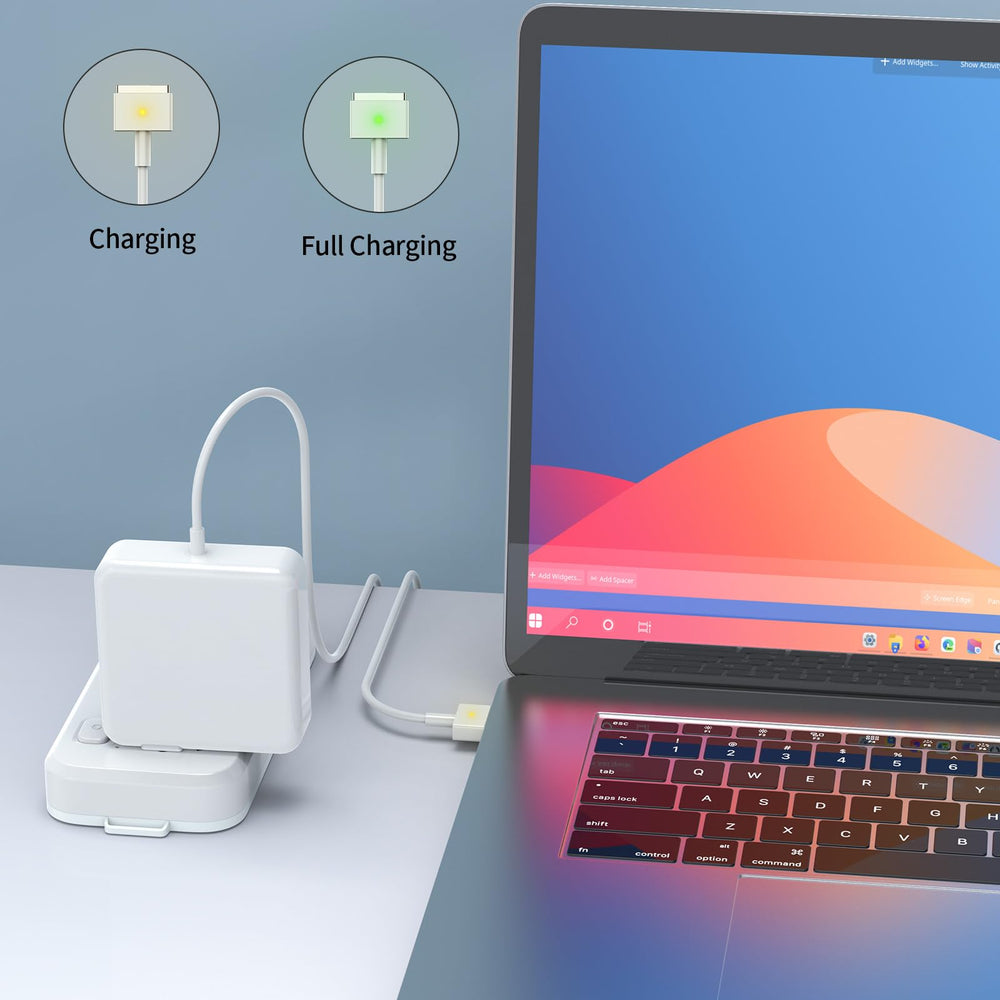 VJEMPKD cargador en uso con MacBook Air en ambiente de trabajo