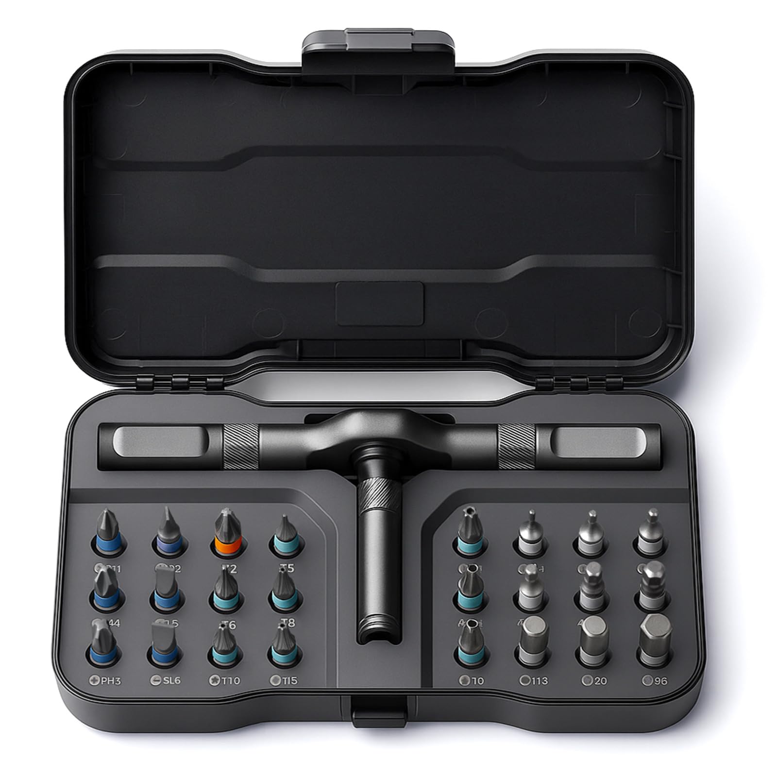 VMAN frente del kit mostrando carraca y 24 puntas organizada, ideal para bricolaje