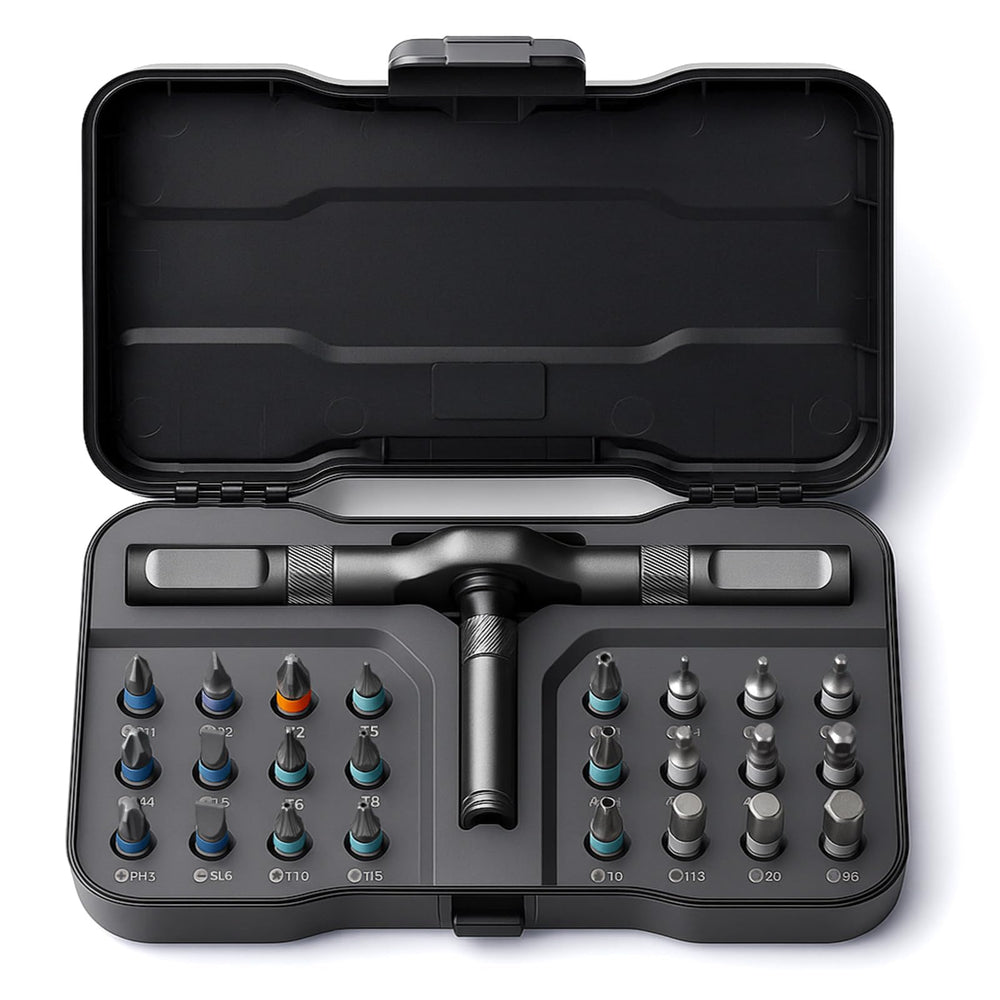 VMAN frente del kit mostrando carraca y 24 puntas organizada, ideal para bricolaje