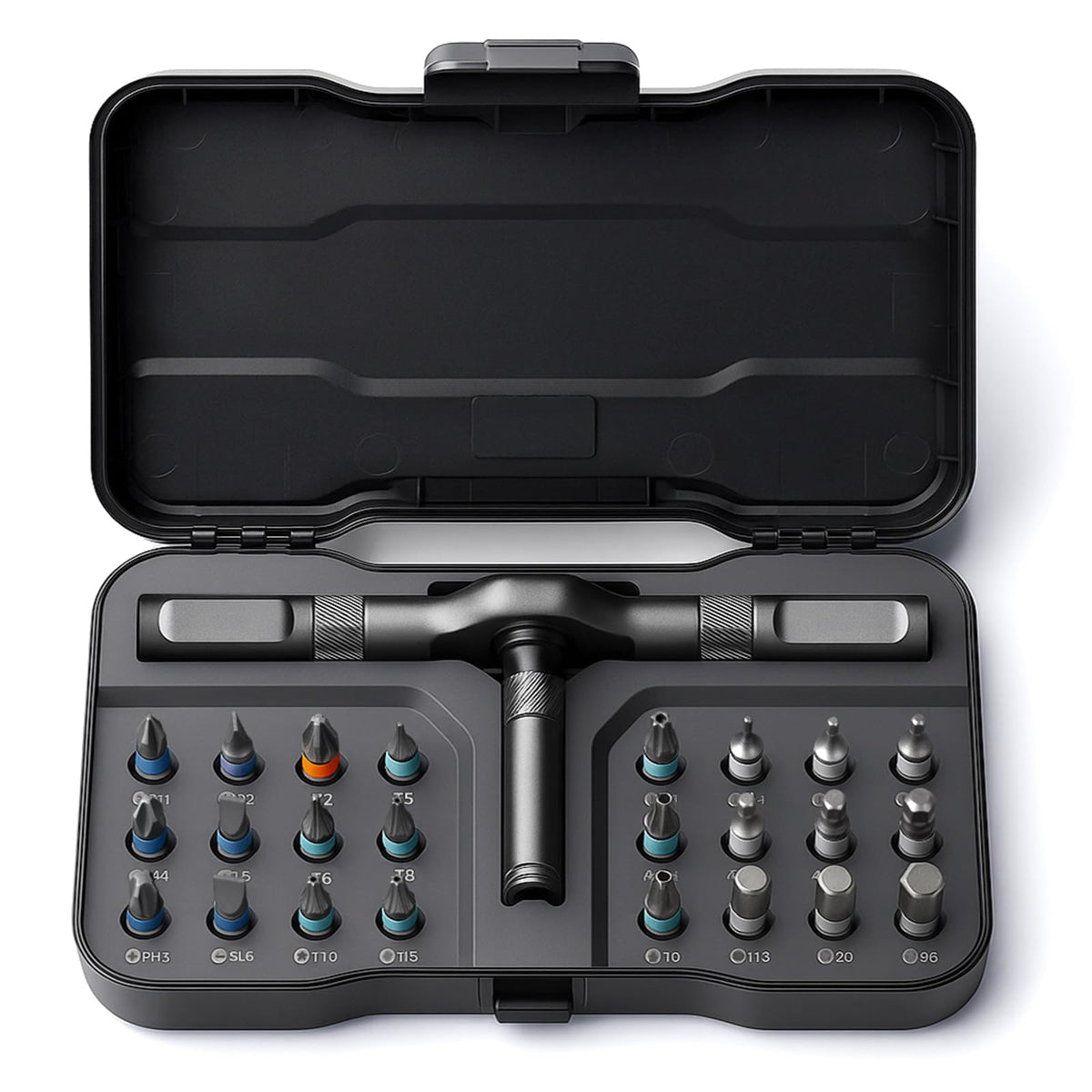 VMAN frente del kit mostrando carraca y 24 puntas organizada, ideal para bricolaje