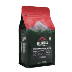 Volcanica Coffee front packaging showing bag and 16‑ounce size, fresh aroma preserved
