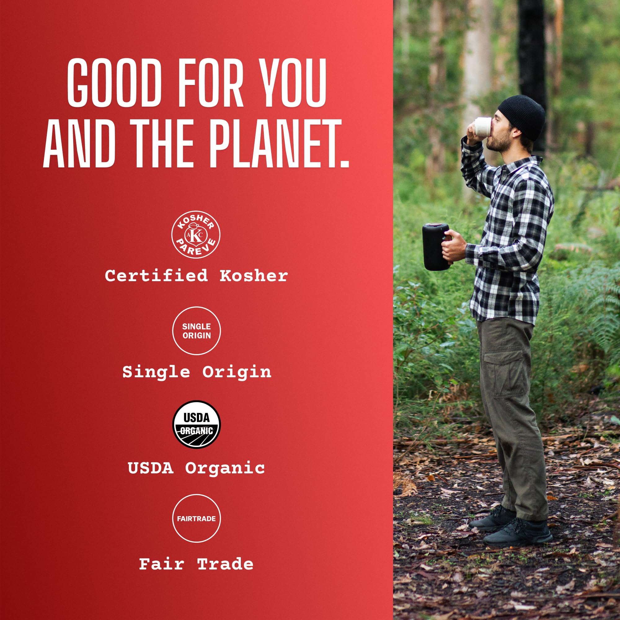 Volcanica Coffee label zoom on USDA Organic and Kosher seals ensuring certified sourcing