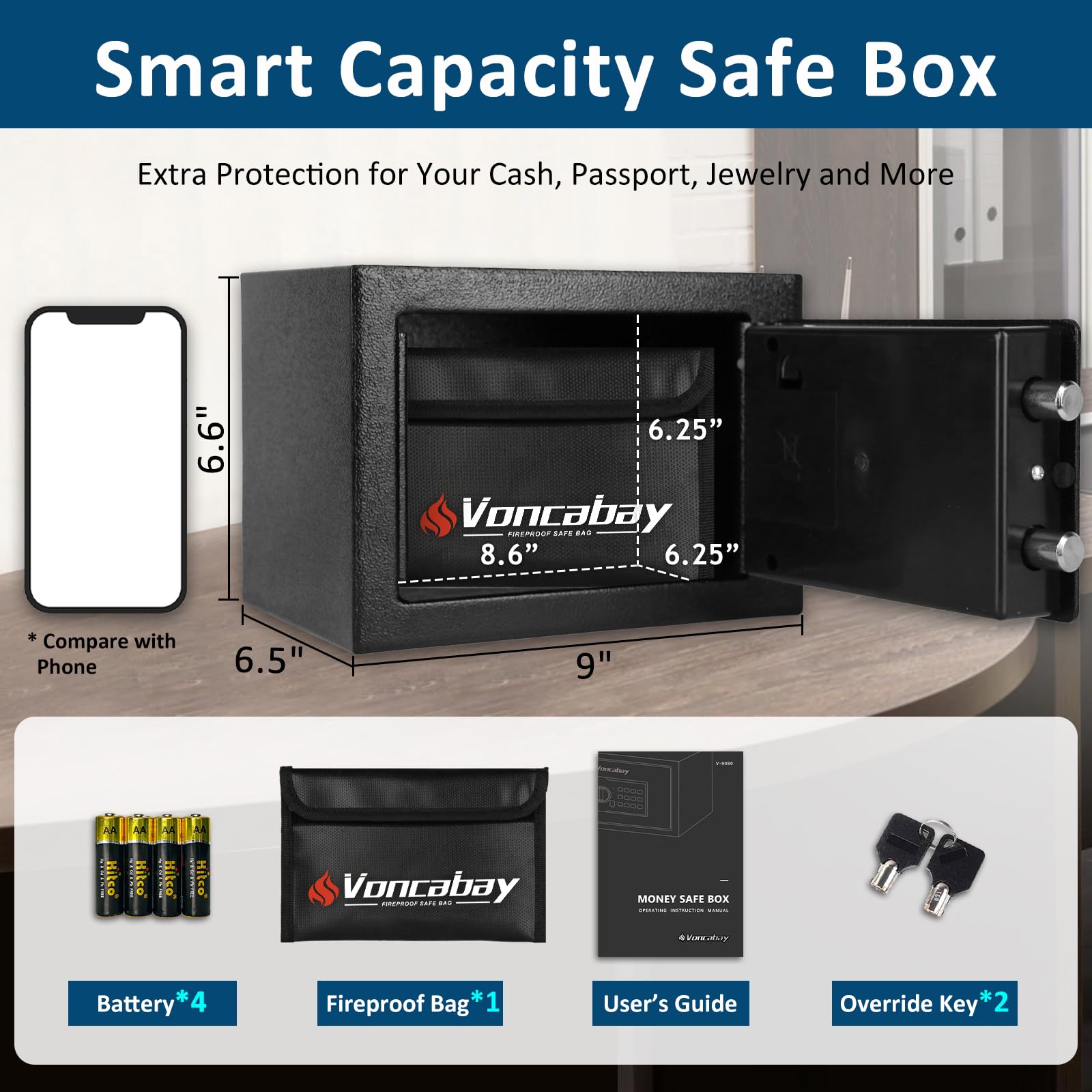 Voncabay keypad and indicator light close-up, shows easy code entry and battery warning