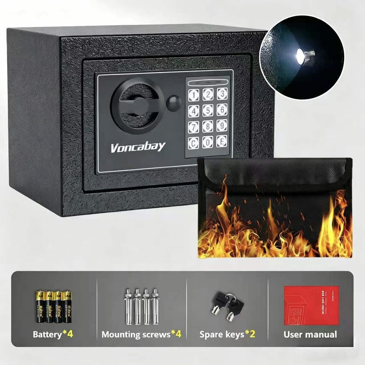 Voncabay safe placed on a bedside table, conveys discreet home security convenience